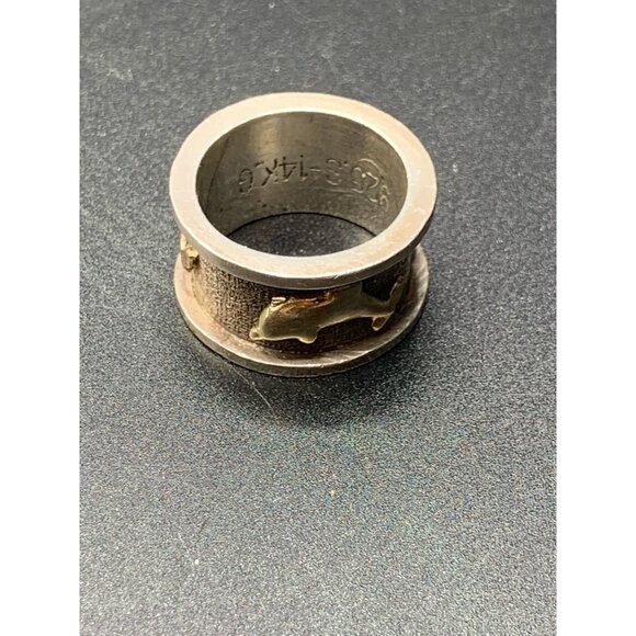 Dolphin Ring Wide 14k Gold 925 Sterling Wide Band Size 8.75 Textured Chunky Ring - Picture 5 of 8